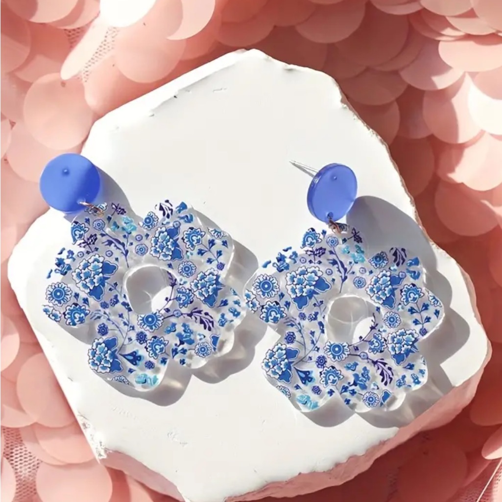 Blue Floral Drop Acrylic Earrings